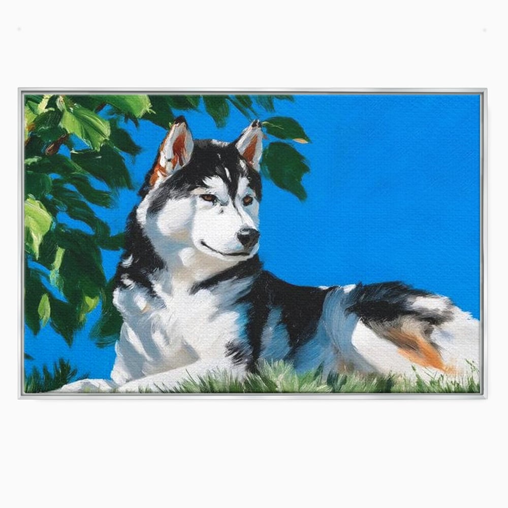 Tablou canvas cu tablou canvas cu husky sub copac, in rama de aluminiu argintiu